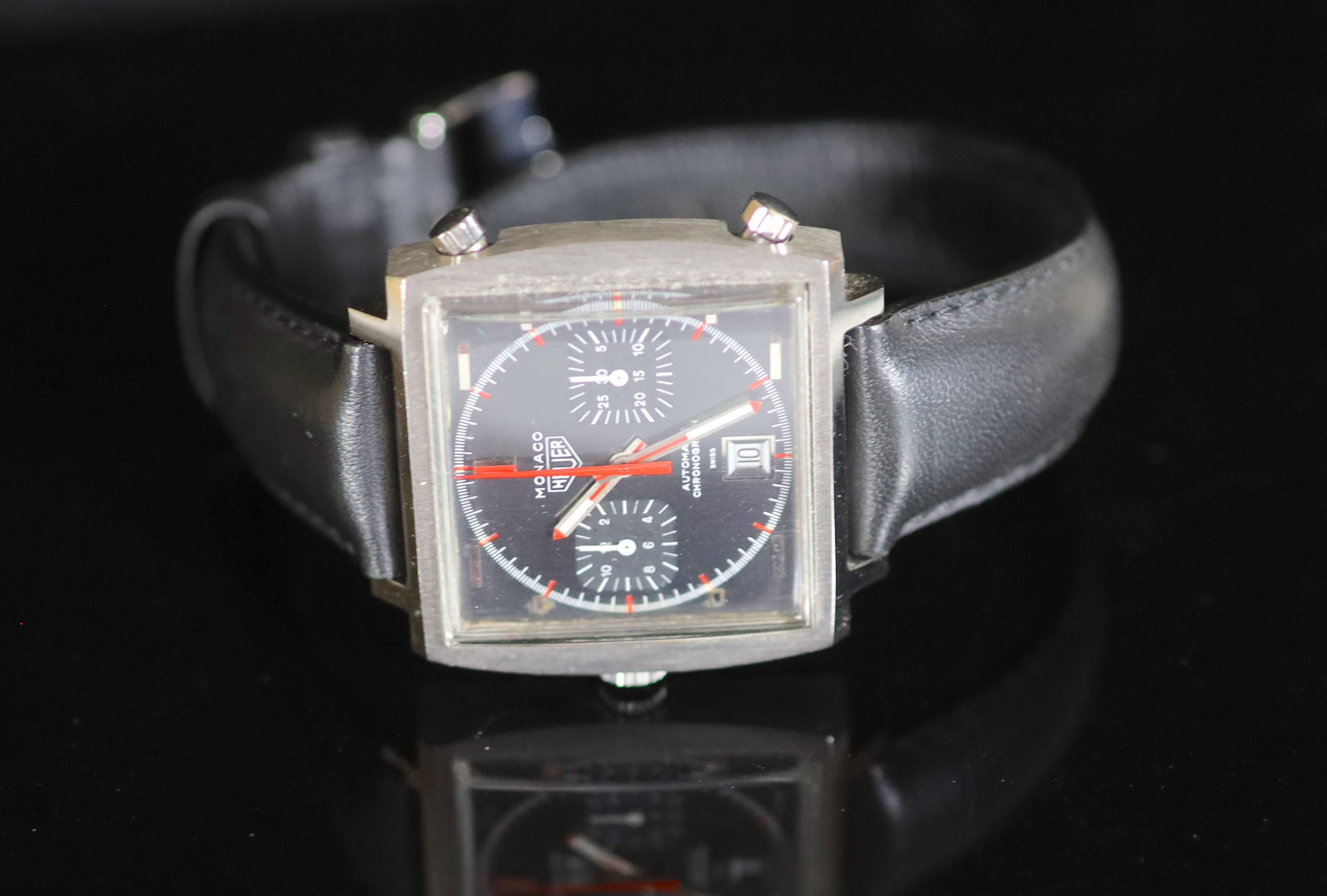 A gentleman's early 1970's steel Heuer Monaco Automatic Chronograph square cased wrist watch, on later associated leather strap